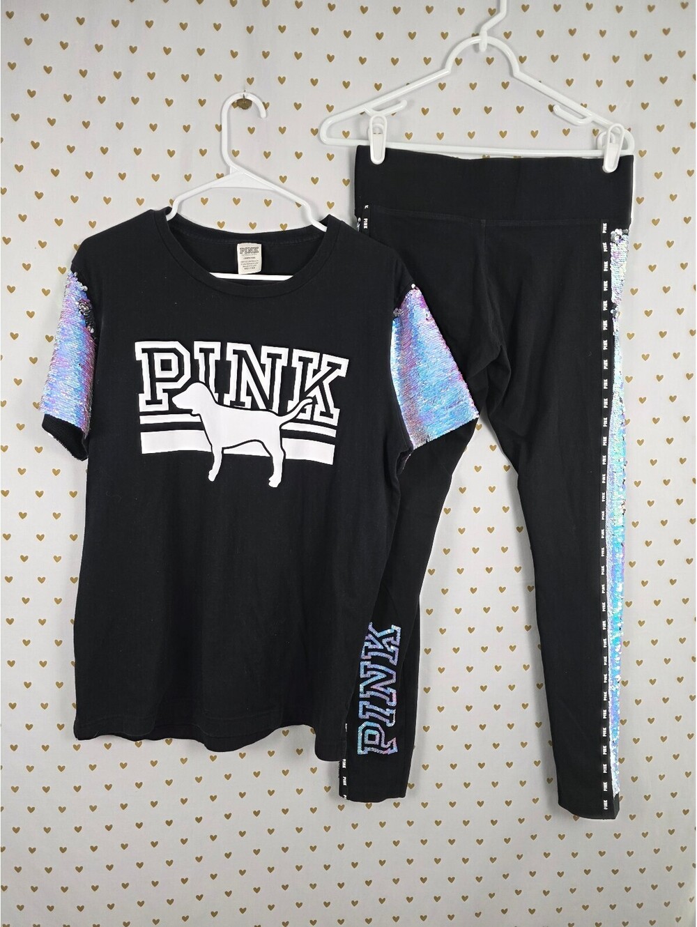 Victorias Secret PINK MERMAID Flip Bling Sequined SET M L Tee Yoga Pants HTF